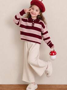 Girls Striped Knit Polo Sweater, Long Sleeve Casual Pullover Top For School, Daily Wear, Weekend & Autumn Winter - Multicolor - View 5