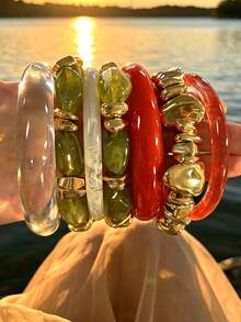 7pcs Multi-Layered Fashion Minimalist Elegant Exquisite Vintage Design Colorful Resin Red White Green Geometric Asymmetrical Tie-Dye Pattern Elastic Bracelets With CCB Metal Style Chunky Bangle Set, Holiday Vacation Party Date Gift, Daily Commute Wear, Personalized - Multicolor - View 1
