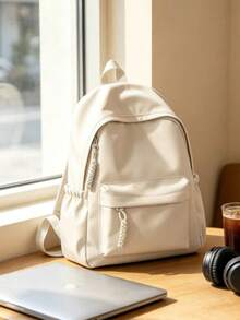 1pc Minimalist Solid Color Nylon Backpack, Woven Rope Zipper Design, Multi-Pocket Compartment Storage, Durable And Wear-Resistant Fabric, Large Capacity, Can Store Books, Stationery And Personal Items, Suitable For Daily School, Short Trips, Versatile And Timeless Style, Recommended Backpack For Back To School Season, Suitable As Christmas Gift, Halloween Gift, Thanksgiving Gift For Students And Teenagers - Multi-color - View 2
