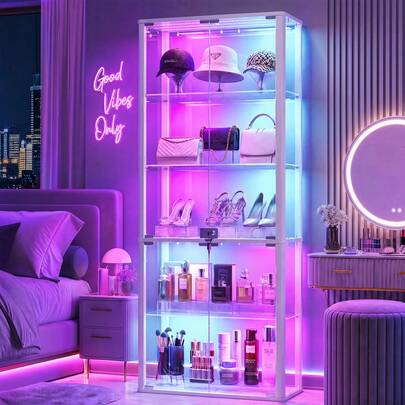 HNEBC 5 Tier Glass Display Cabinet With RBG Lights For Living Room,Black Curio Cabinet With Lockable, 63" Display Cases With Human Body Sensor For Computer Room, Figurines, Books, Toys