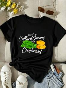 Unisex T-Shirt im lässigen Stil für Damen mit Collard Greens und Cornbread Motiv - lockerer Schnitt, Kurzarm, Rundhalsausschnitt - Schwarz - Übersicht 1