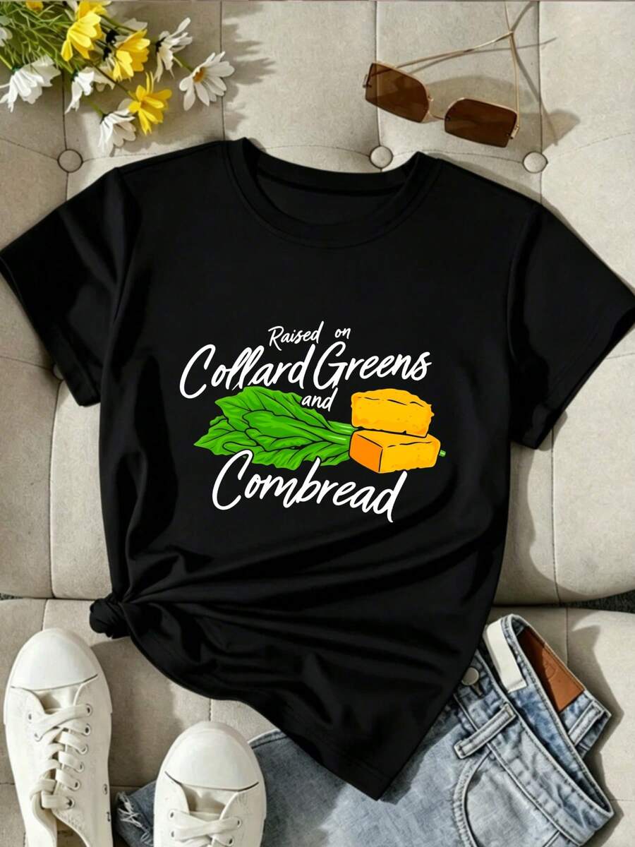 Unisex T-Shirt im lässigen Stil für Damen mit Collard Greens und Cornbread Motiv - lockerer Schnitt, Kurzarm, Rundhalsausschnitt - Schwarz - Übersicht 1