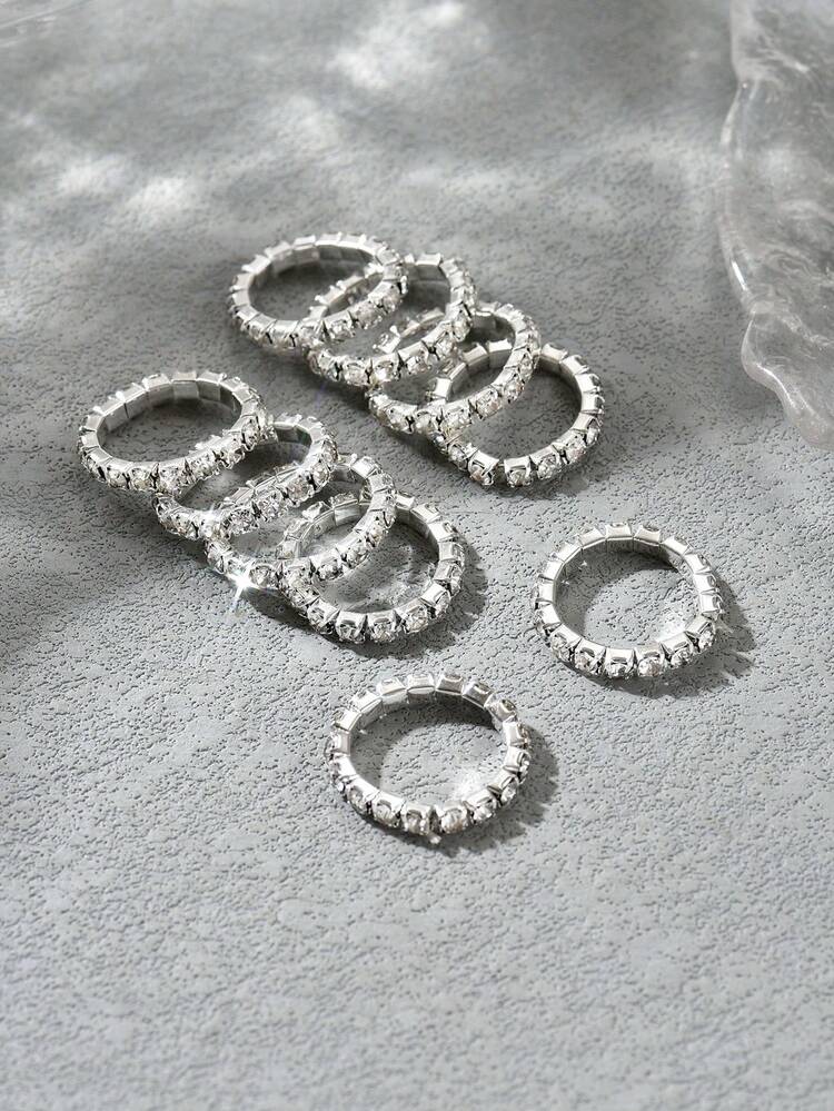 10pcs/Set Iron Ring Set, Rhinestone & Stackable Plain Band Rings, Elegant Finger Jewelry For Women, Suitable For Daily Wear And Parties - Silver - View 5