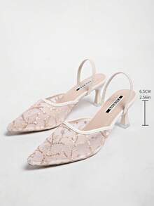 New Chinese Style White High Heel Women's Half-Slip Thin Heel Pointed Toe Lace Embroidered 2-In-1 Sandals - Beige - View 8