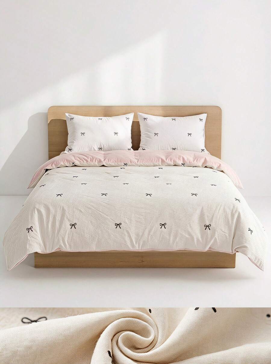 Veyra Day Bộ 3 món vỏ chăn nơ, bộ ga giường polyester mềm mại hai mặt màu kem & hồng có khóa kéo & 2 vỏ gối (không kèm ruột) - Nhiều màu - Xem 1
