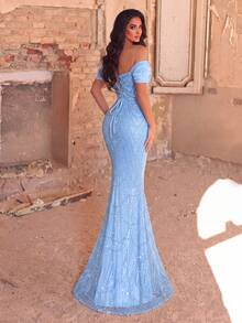 Faeriesty Elegant And Luxurious Off-Shoulder Pearl Embellished Mermaid Style Evening Gown With Floor-Length Train Fall - Baby Blue - View 3