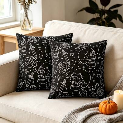 2PCS Gothic Skull Rose Tattoo Style Throw Pillow Cover, Retro Black White Skeleton Bird Diamond Pattern Decorative Cushion Cover, Spooky Home Decor Accessory For Sofa Bedroom Party Decoration