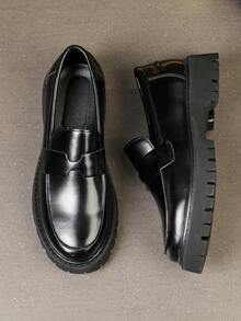Men's Minimalist Thick Sole Slip-On Loafers, Comfortable Business Casual Daily Wear Shoes - Black - View 3