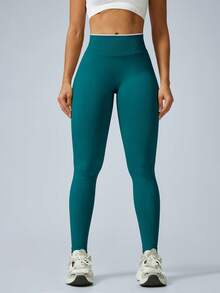 Women's Colorblock Seamless Ribbed Waist Leggings, Butt-Lifting Shaping Pants, Suitable For Fitness, Running, Yoga, Autumn/Winter Sportswear - Dark Green - View 10