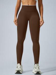 Mocha Color Block High Waist Leggings, Tummy Control And Butt Lift, Suitable For Fitness, Running, Yoga, Gym, Autumn/Winter Fashion Sportswear - Mocha Brown - View 6