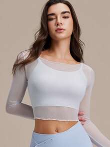 Women's Pilates 2 Pieces Set, Refreshing Sexy Mesh Floral Trim Fitness Long Sleeve Top - Baby Blue - View 4
