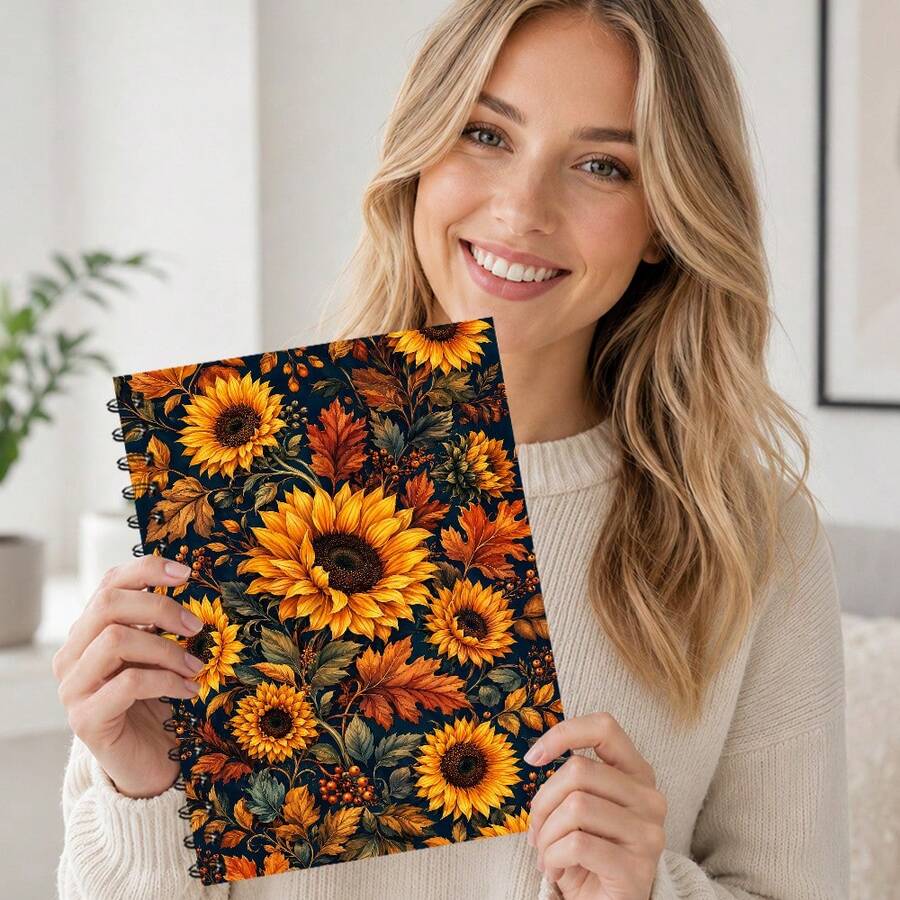 1PC A5 Sunflower Autumn Floral Spiral Notebook, 50 Pages/25 Sheets, Dark Blue Warm Yellow Sunflower Maple Leaf Berry And Vintage Botanical Design Journal For Daily Writing, Study Notes, Seasonal Records And Floral Theme Gifts - A5 - View 1