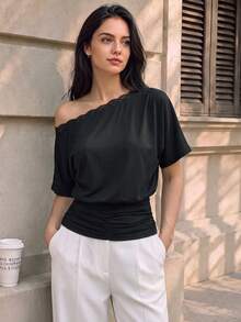 Women Fall Lace Trim One‑Shoulder Short Sleeve Top, Ruched Waist Batwing Sleeve Casual Blouse - Black - View 6