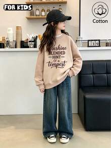 Kids' Casual Loose Crewneck Sweatshirt, Letter And Heart Print, Long-Sleeve Pullover, Suitable For Daily Wear In Spring And Autumn, Fashionable - Apricot - View 10