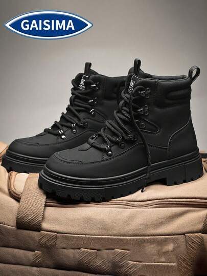 GAISIMA New Men's Colorblock Trim Army Green Anti-Slip Thick Sole High-Top Leather Riding Boots, Autumn/Winter Retro Outdoor Workwear Ankle Boots