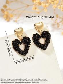 1pc Luxury Fashion Personalized Hollow Handmade Woven Artificial Crystal Heart Pendant Earrings, Suitable For Women's Daily, Vacation, Party, Wedding Season Gift - Black - View 4