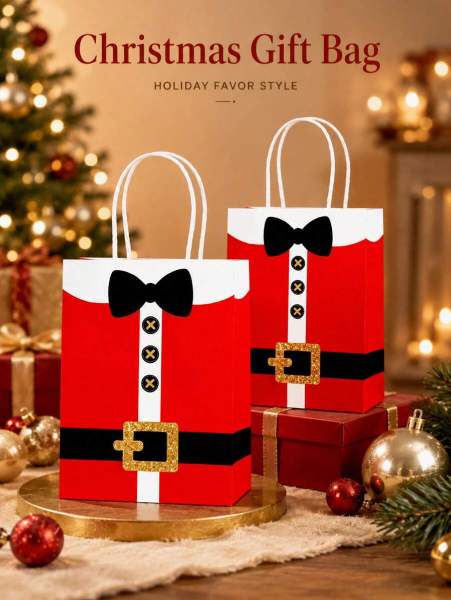 6pcs Reusable Christmas Gift Bags With Handles, Santa Claus Print Party Packaging Bags - Multicolor - View 1