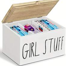 1pc Modern Wooden Bathroom Storage Box With Lid, Suitable For Girls' Toiletries, Tampons, Sanitary Pads Storage, With Removable Dividers, Multi-Functional 3-Compartment Accessory Box - Multicolor - View 2