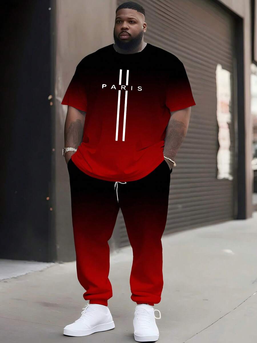 Plus Size Men's Black & Red Gradient PARIS Letter Casual 2-Piece Set, Short Sleeve Top & Long Pants - Multicolor - View 1