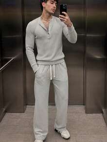 Men's Autumn Solid Color Sports Jogger Pants | Slanted Pockets & Elastic Waistband Drawstring Fashion Stitching | Casual Essential Straight Leg Pants - Light Grey - View 1