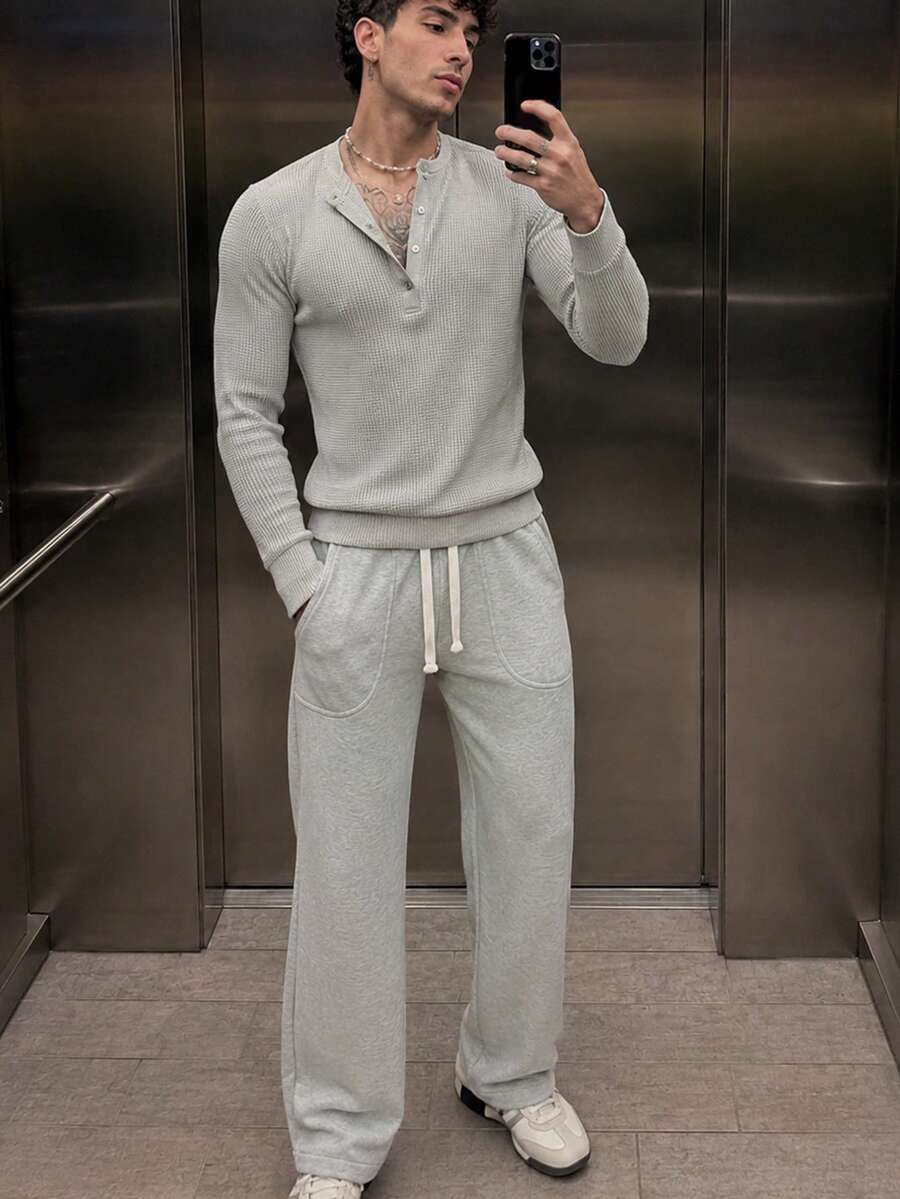 Men's Autumn Solid Color Sports Jogger Pants | Slanted Pockets & Elastic Waistband Drawstring Fashion Stitching | Casual Essential Straight Leg Pants - Light Grey - View 1