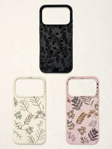 3pcs Minimalist Floral & Butterfly Design Phone Cases, Black, Beige, Pink, Luxury Faux Leather Compatible With IPhone & Galaxy - Multicolor - View 63