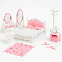 Set Model Furnitur Kamar Tidur Mini Warna Pink & Putih, Termasuk Tempat Tidur Mini, Meja Rias dengan Cermin, Gantungan Baju, Kursi, Meja Nakas, Lampu Meja, Cermin Panjang, Koleksi Hiasan Dekoratif Tampilan Pemandangan Lanskap 3D - MultiWarna - View 10