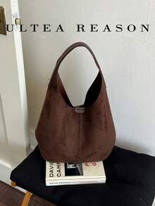 1pc Solid Color Large Capacity Suede Shoulder Bag, Tote Bag, Handbag, Autumn/Winter New Style, Casual Vintage, Smooth Fabric Feel, Magnetic Closure, Suitable For Commuting, Work, Dating - Coffee - View 7