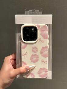 1pc White Matte Minimalist Lens Protection Pink Lips & Bow Pattern Phone Case, Personalized Compatible With Iphone 16 Pro Max/17/16/15/14 Plus/13/12/11/Air And Series - Multicolor - View 3