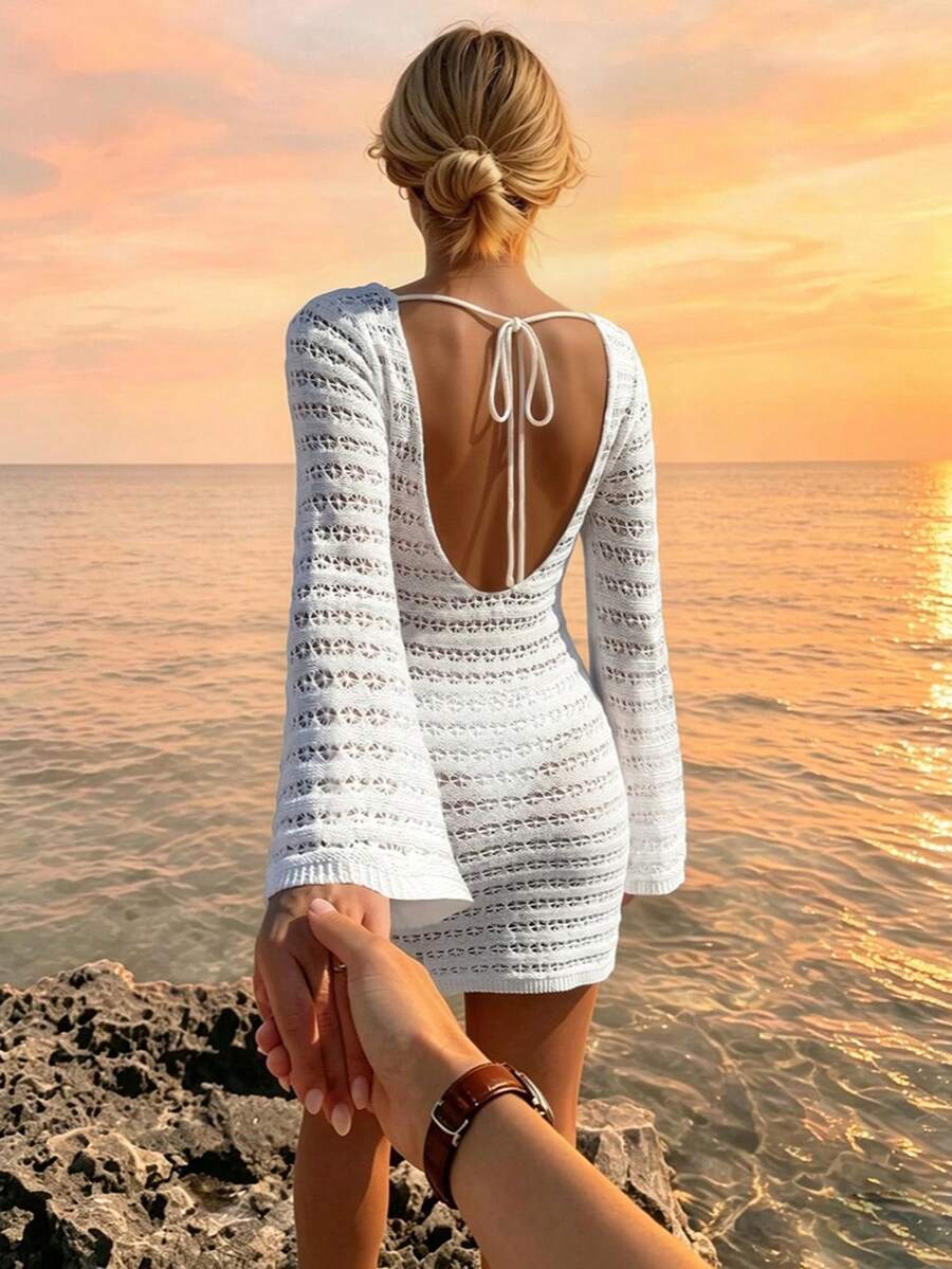 Women's Solid Color Bohemian Lightweight Casual Backless Hollow Out Sheer Long Sleeve Cover Up Mini Dress, Spring/Summer Vacation Beach White, Resort Wear