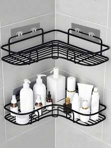 1/2pcs No-Drill Bathroom Corner Shelf, Bathroom & Kitchen Storage Rack, Practical Home Storage Tool, Home Decor, Bathroom Organizer, Bathroom Decor Accessories, Suitable For Back To School Season, Bathroom, Kitchen, Halloween Decor, Christmas Decor (3pcs(1 Shelf + 2 Hooks)/Set) - Black - View 1