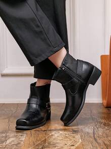 Men's High Heel Square Toe Chelsea Boots, Height Increasing British Style Side Zipper Cross Strap Ankle Boots, Business Casual Fashion Boots - Black - View 11