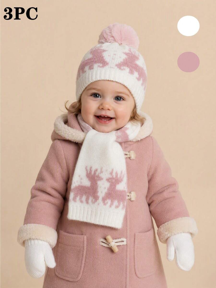 3pcs Deer Jacquard Knit Beanie, Scarf And Gloves Set, Warm For Autumn/Winter, Suitable For Daily, Outdoor, Christmas And New Year - Fawn - View 1