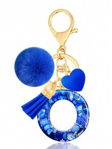 Cute A-Z Initial Keychain With Royal Blue Pom Pom, Heart And Tassel, Minimalist Personalized Key Chain For Women, Bag Charm, Daily Wear Accessory And Gift - Royal Blue - View 18