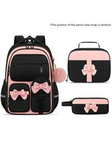 4pcs Single Bow Backpack Set, Detachable Bow, Small Bag And Pom Pom Pendant, Suitable For Daily, Travel And Gift Use - A - View 1