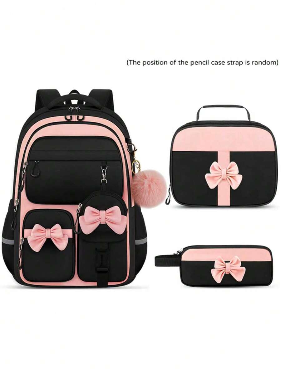 4pcs Single Bow Backpack Set, Detachable Bow, Small Bag And Pom Pom Pendant, Suitable For Daily, Travel And Gift Use - A - View 1