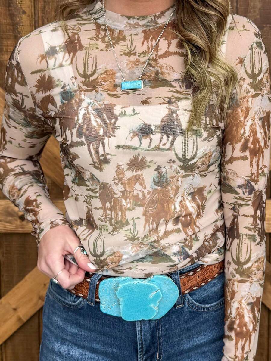 Acelitt Spring/Autumn Western Cowboy Style Slim Fit Small Stand Collar Printed Long Sleeve Elastic Mesh Top, Suitable For Daily Wear - Brown - View 1