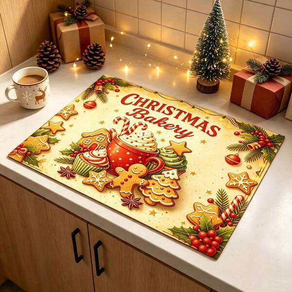 1pc Christmas Theme Kitchen Dish Drying Mat, Coffee Machine Mat, Absorbent Quick-Drying Tabletop Protector, Vintage Gingerbread Man Hot Drink Pattern, Suitable For Baking Studio, Home Christmas Dining Table, Holiday Atmosphere Table Decor, Home Gift
