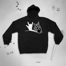 Unisex Fun Rabbit Hoodie,Cute Rock-Style Animal Pattern Design,Hooded Sweatshirt,Easter Gift. - 黑色 - 查看 7