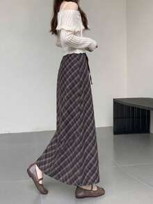 Women's Fashion Long A-Line Plaid Skirt, Drawstring Waist Design, Woven Fabric, Elegant Autumn Style - Coffee Brown - View 2