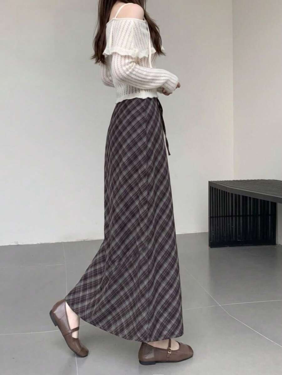 Women's Fashion Long A-Line Plaid Skirt, Drawstring Waist Design, Woven Fabric, Elegant Autumn Style