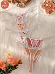 SQPVEH 5pcs/Pack Multi-Color Floral Print & Solid Color Lace Patchwork Sexy Seamless Women's Thongs - Multicolor - View 3