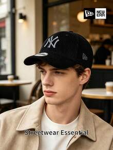 New Era Black NY Baseball Cap, Textured Embroidered Logo Curved Brim Hat, Adjustable Casual Streetwear Style, Unisex - Black - View 2