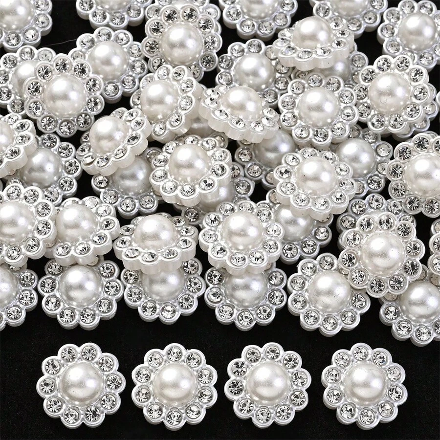 50pcs Shiny Rhinestone Flatback Cabochon Bease White Pearl Flower Patch Beads For DIY Jewelry Making Supplies Women Hair Accessories
