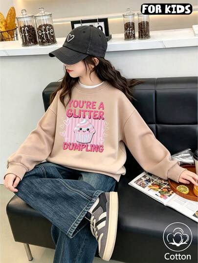 Kids' Cute Casual Pink Letter Print Cupcake Pattern Loose Long Sleeve Crew Neck Sweatshirt, Breathable Cotton Pullover, Suitable For Spring
