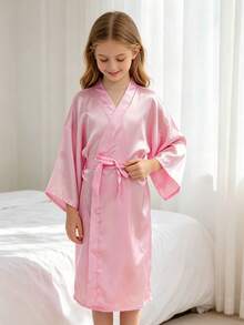 Tween Girl Crossover Short Sleeve Casual Loungewear Robe, Pink - Multicolor - View 4
