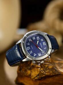 黑色圓形男士石英手錶，配塑膠錶帶與阿拉伯數字刻度，適合日常配戴、禮品與聚會 - 藍色 - 查看 5