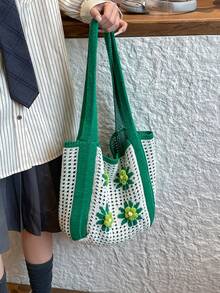 女款針織鏤空花卉圖案柔軟面料單肩手提包，休閒日常夏季海灘購物包 - 綠色 - 查看 4