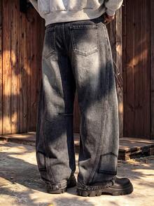 Men's Vintage Black-Grey Gradient Distressed Curved Leg Barrel Jeans With 3D Panel Cut, Heavy Ripped Details, Adjustable Ankle Buckle, Loose Casual Denim - Black - View 1