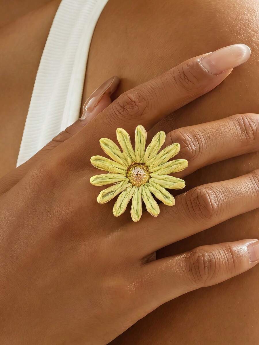 1件夏季清新風編織花朵拉菲草水鑽開口戒指,適合女性海灘度假與日常穿搭配飾 - 綠色 - 查看 1